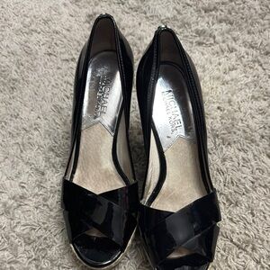 Michael Kors Black Patent Leather Wedge Peep-Toe Heels